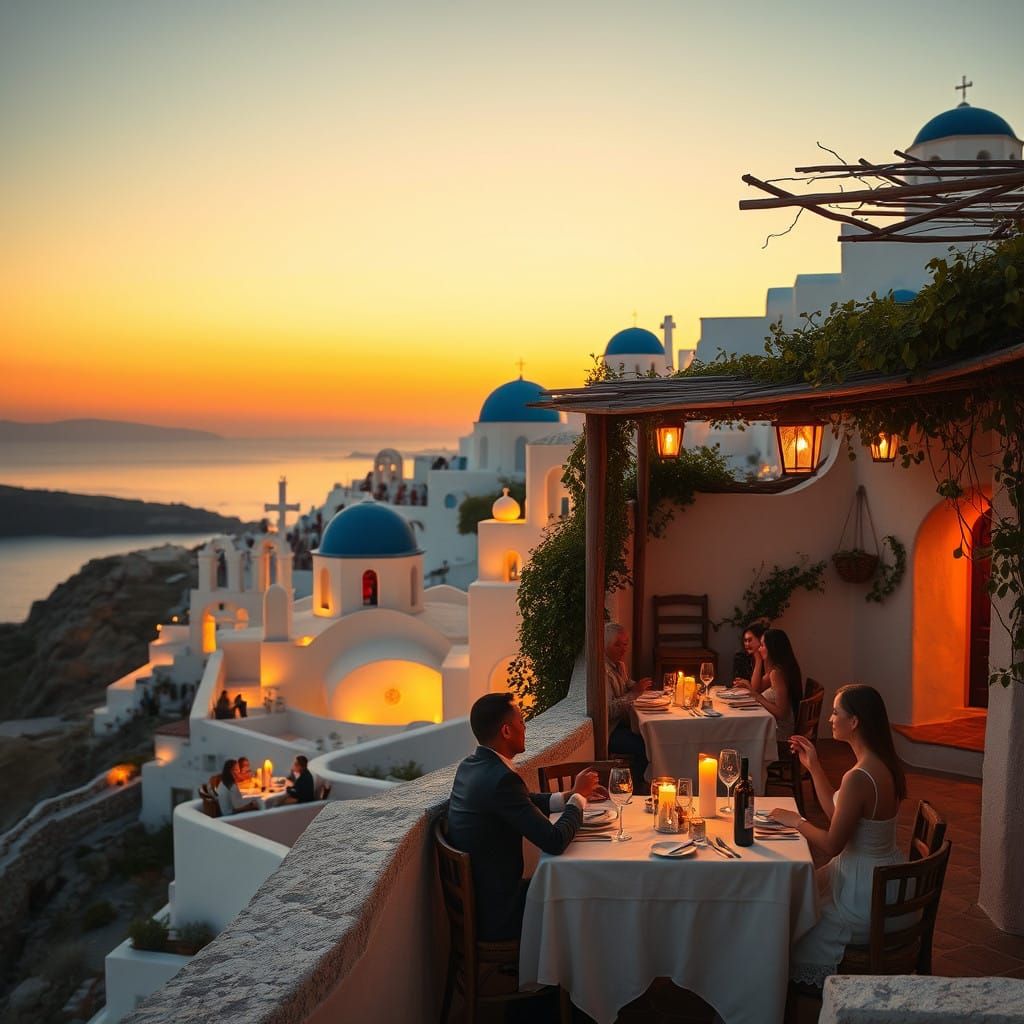Santorini Sunset Taverna in Golden Hour