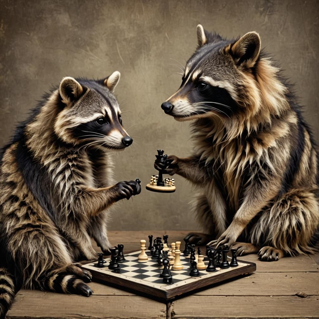 Two raccoons play a tricky game of chess