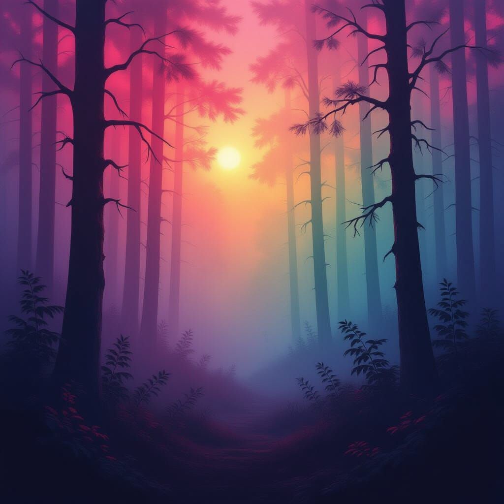 Mystical Forest in Vibrant Surreal Fog