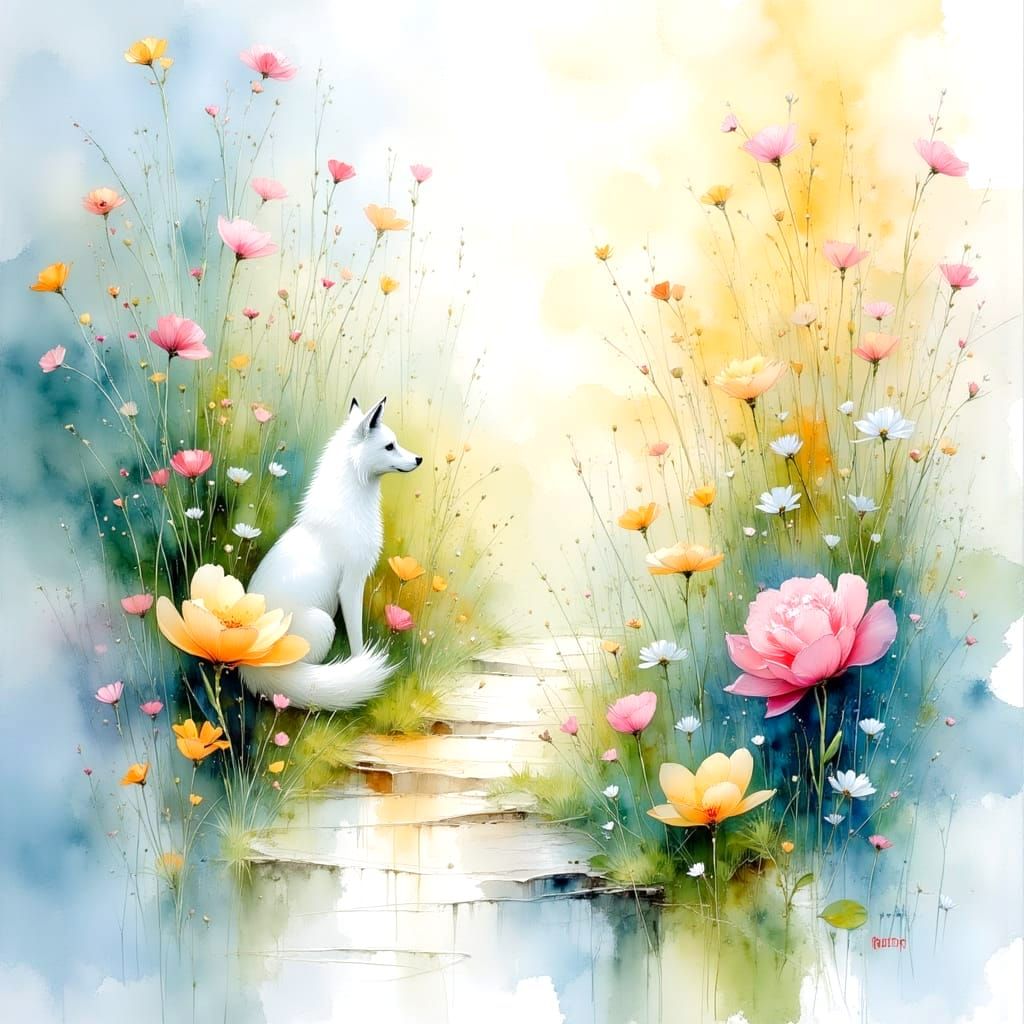 Whimsical Watercolor of a Fox in a Rose Garden