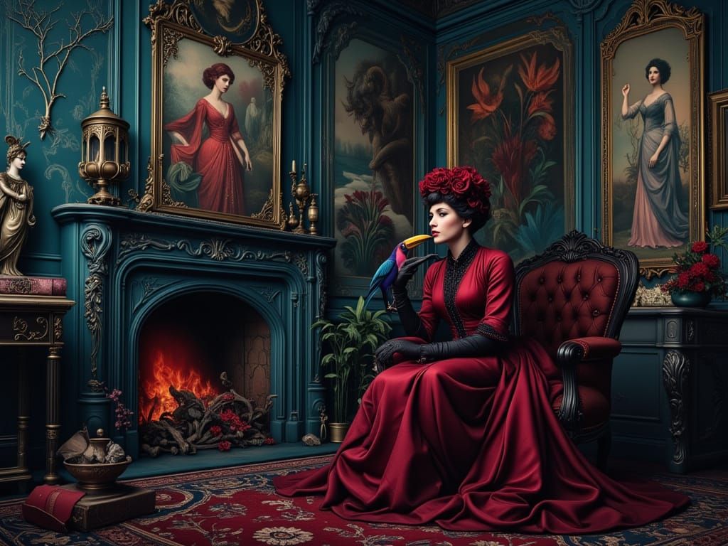 Red Baroness and Toucan in Victorian Salon as Matte Painting