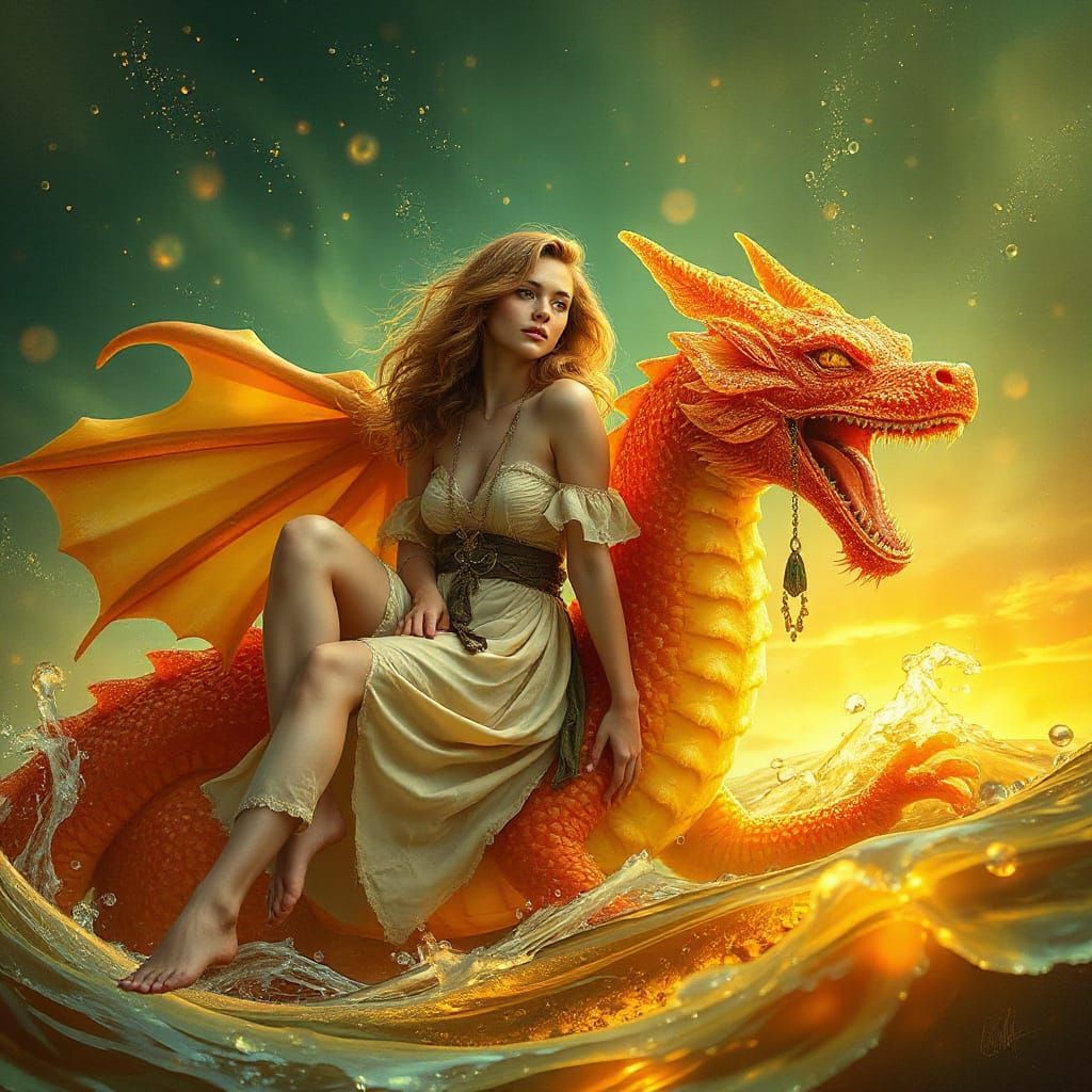 Woman on Gummy Dragon in Effervescent Soda Sea