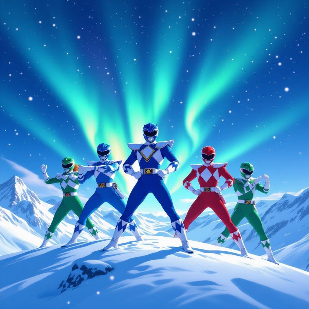 Power Rangers Heroic Stance Under Aurora Borealis