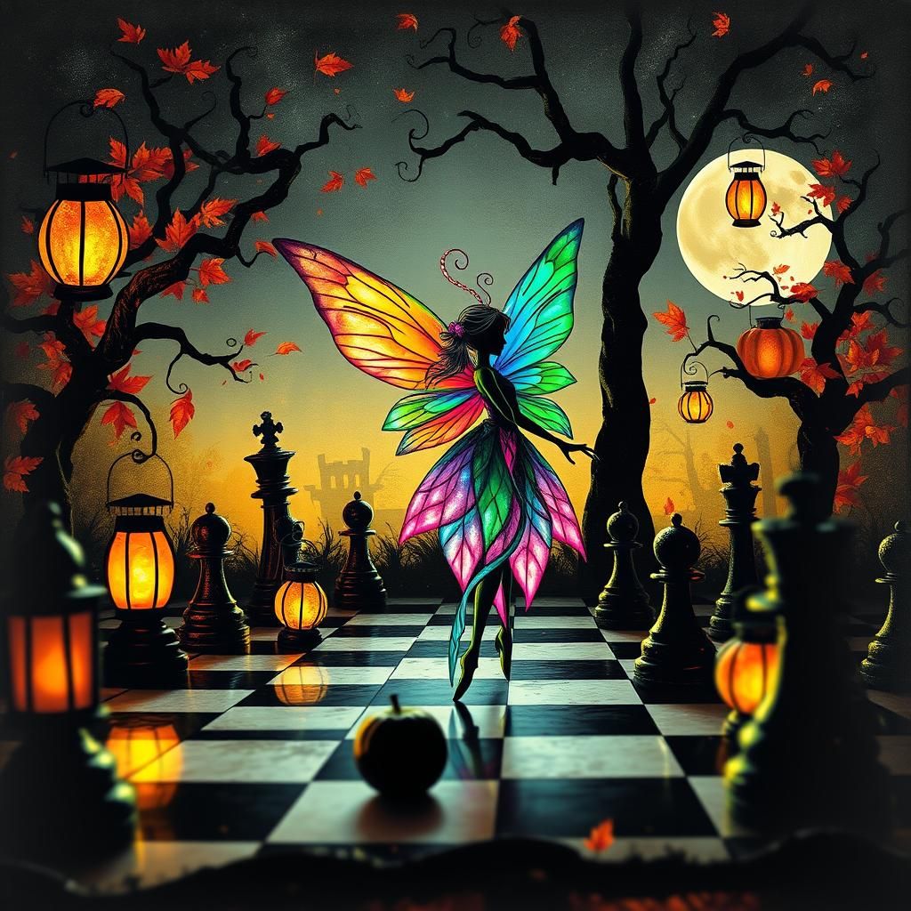 Halloween Kids Crayon drawings ,surreal autumnal  child's drawing Halloween  chess wonderland, fairy chess  , rayograph ...