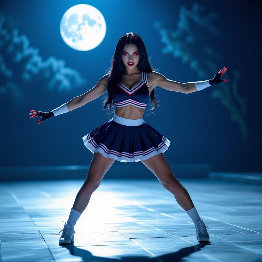 Photorealistic Vampire Cheerleader Dancing Under Moonlight