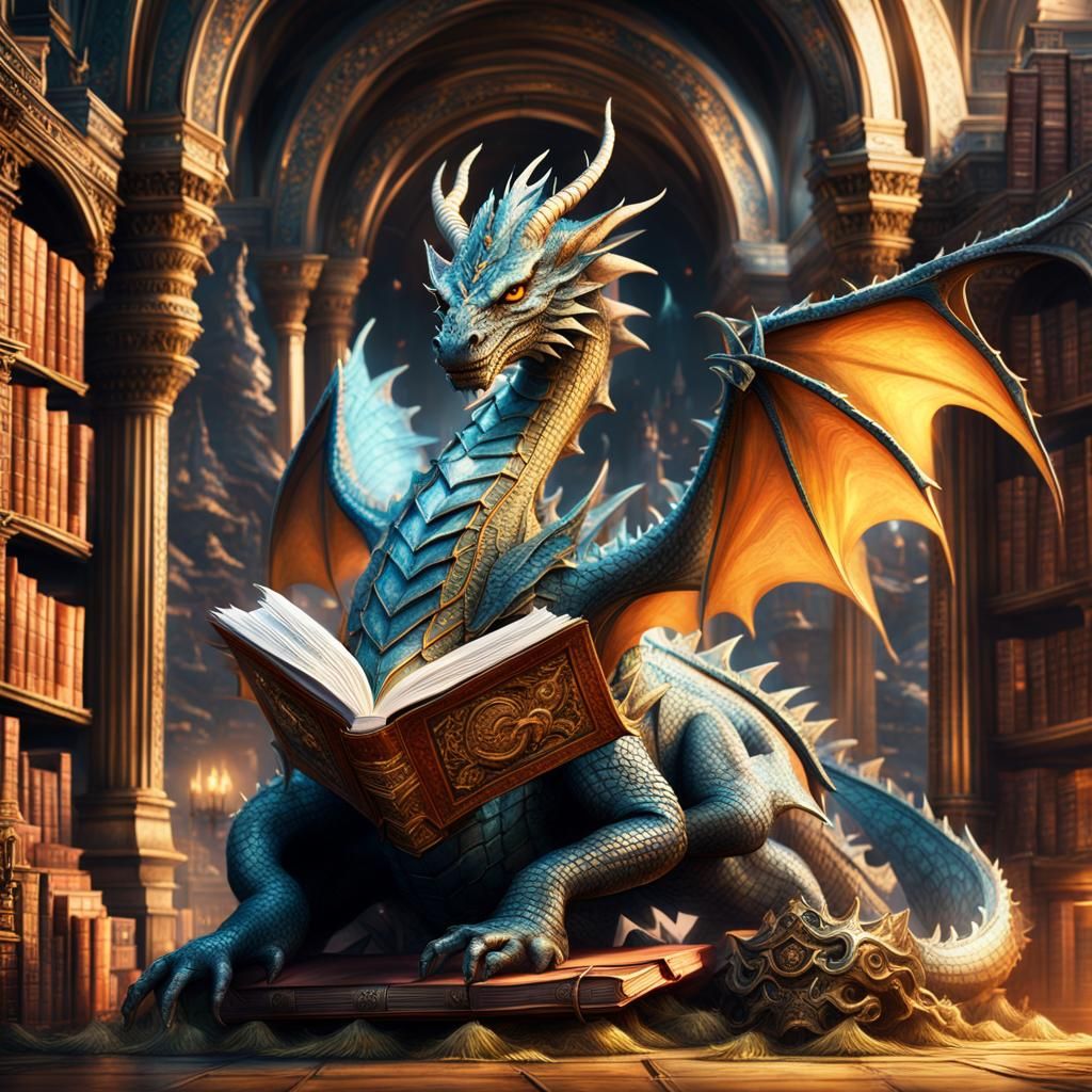 Epic Book Dragon in Digital Matte Painting Style