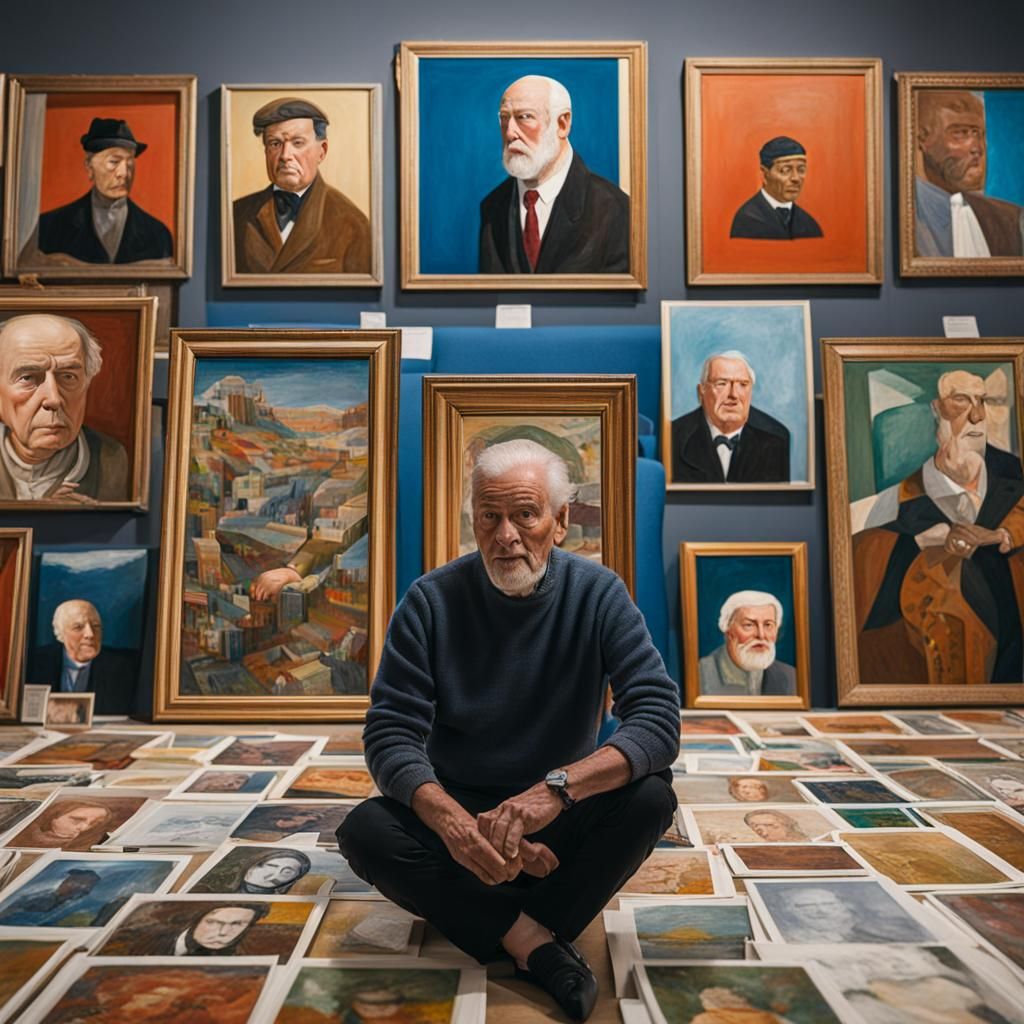 Man in Art Gallery Surrounded by His Portraits