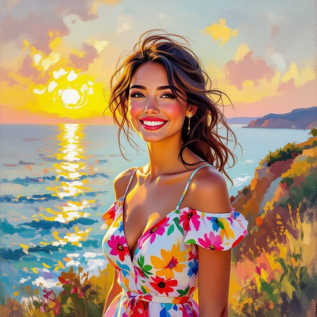 Joyful Woman in Summer Sun as Impressionistic Oil Painting