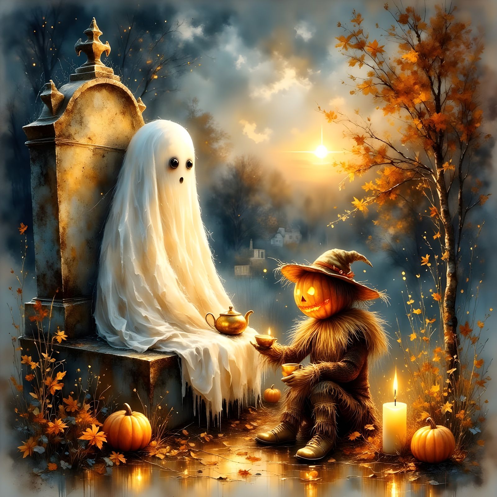 Friendly Ghost and Scarecrow Sharing Tea in Autumn Graveyard