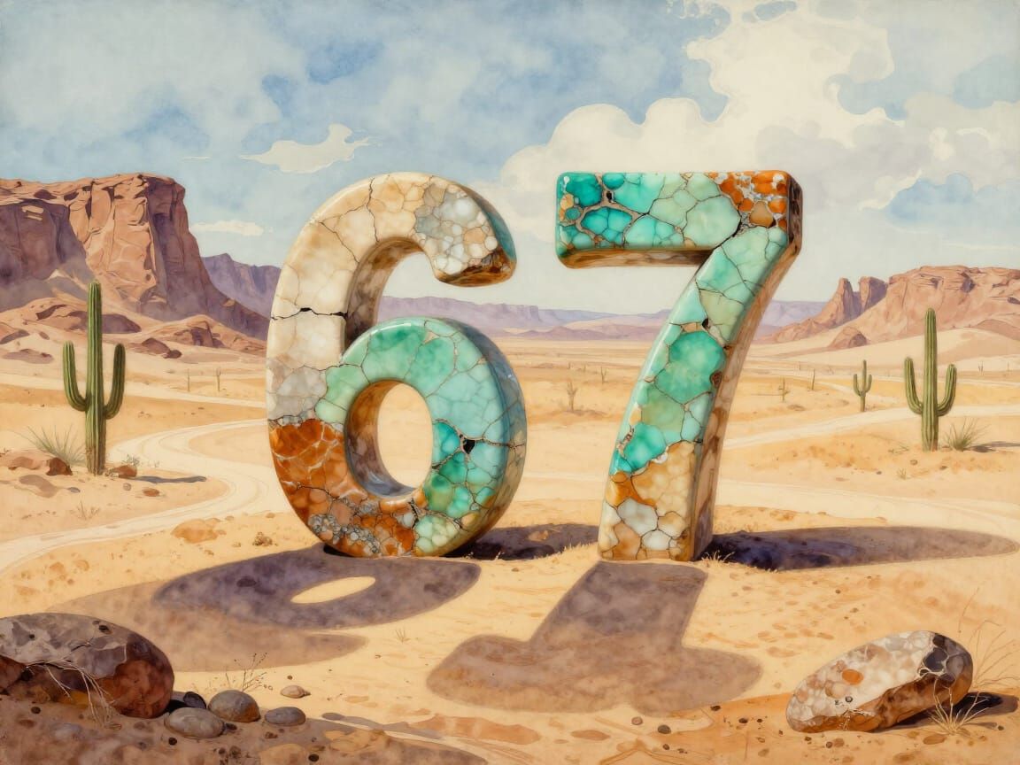 Surreal Desert Scene with Turquoise Numbers 6 and 7