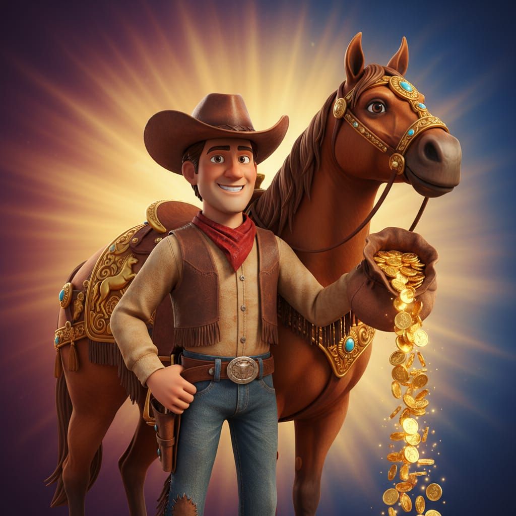 Cowboy with Gold Coins and Horse in 3D Animation Style