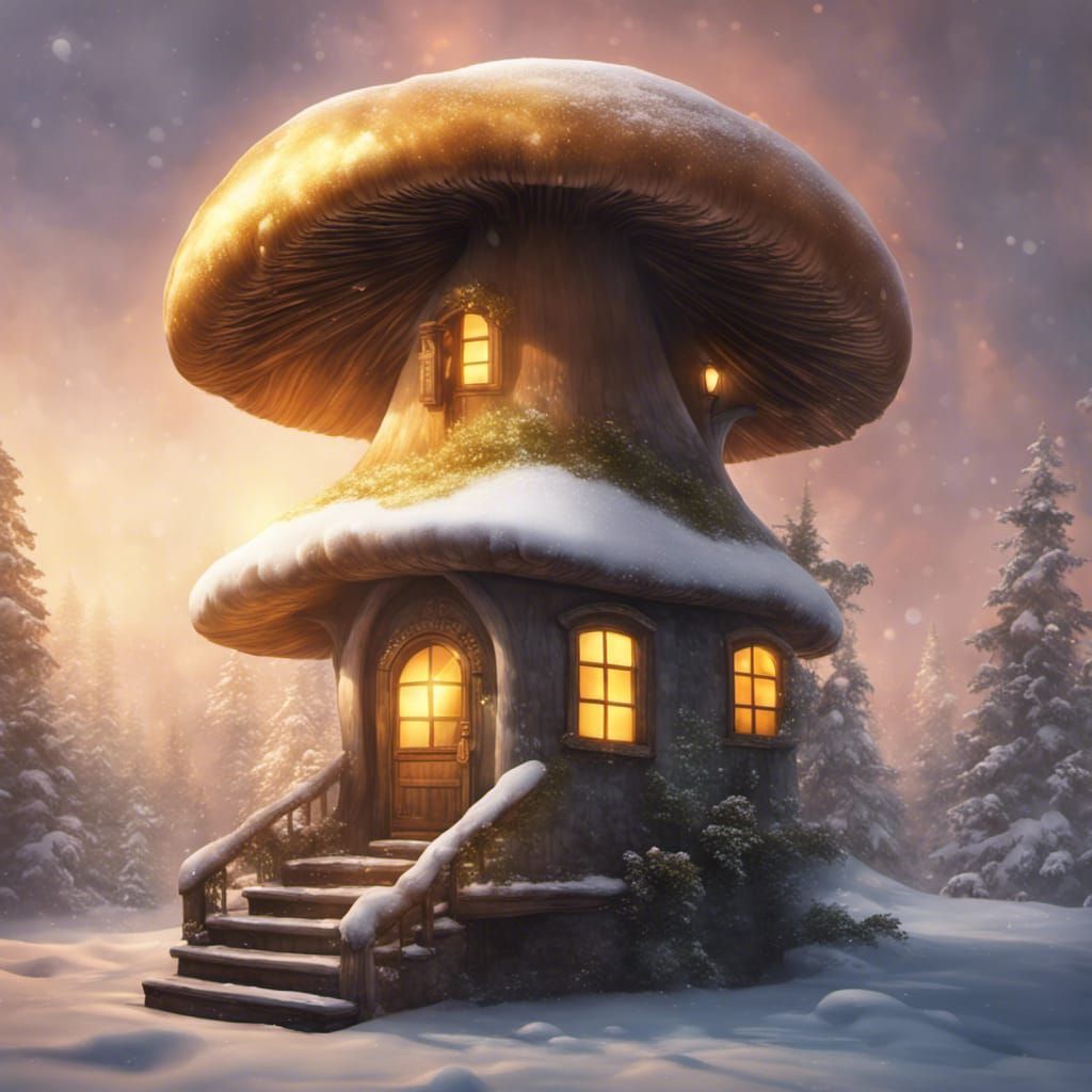 Snowy Mushroom House with Golden Light