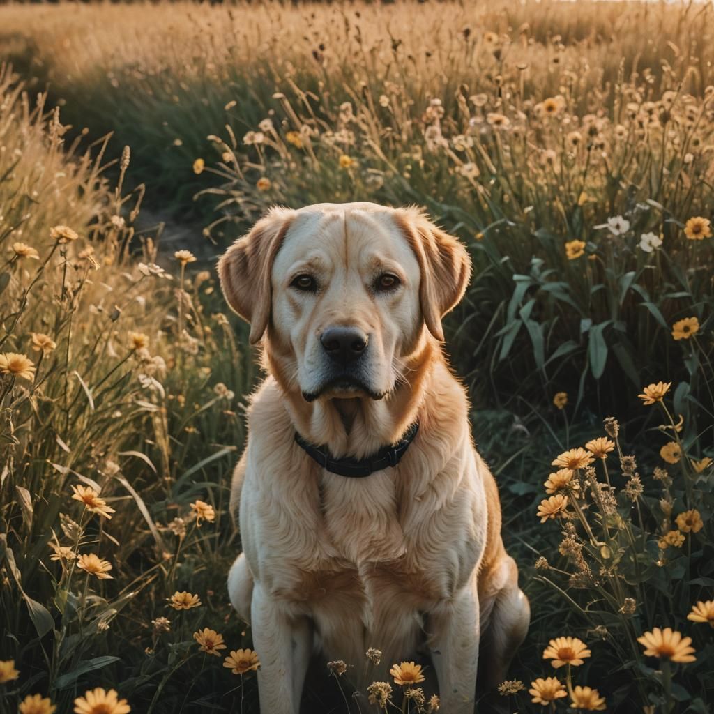 Lion-Colored Labrador in Field at Sunset: Photorealistic