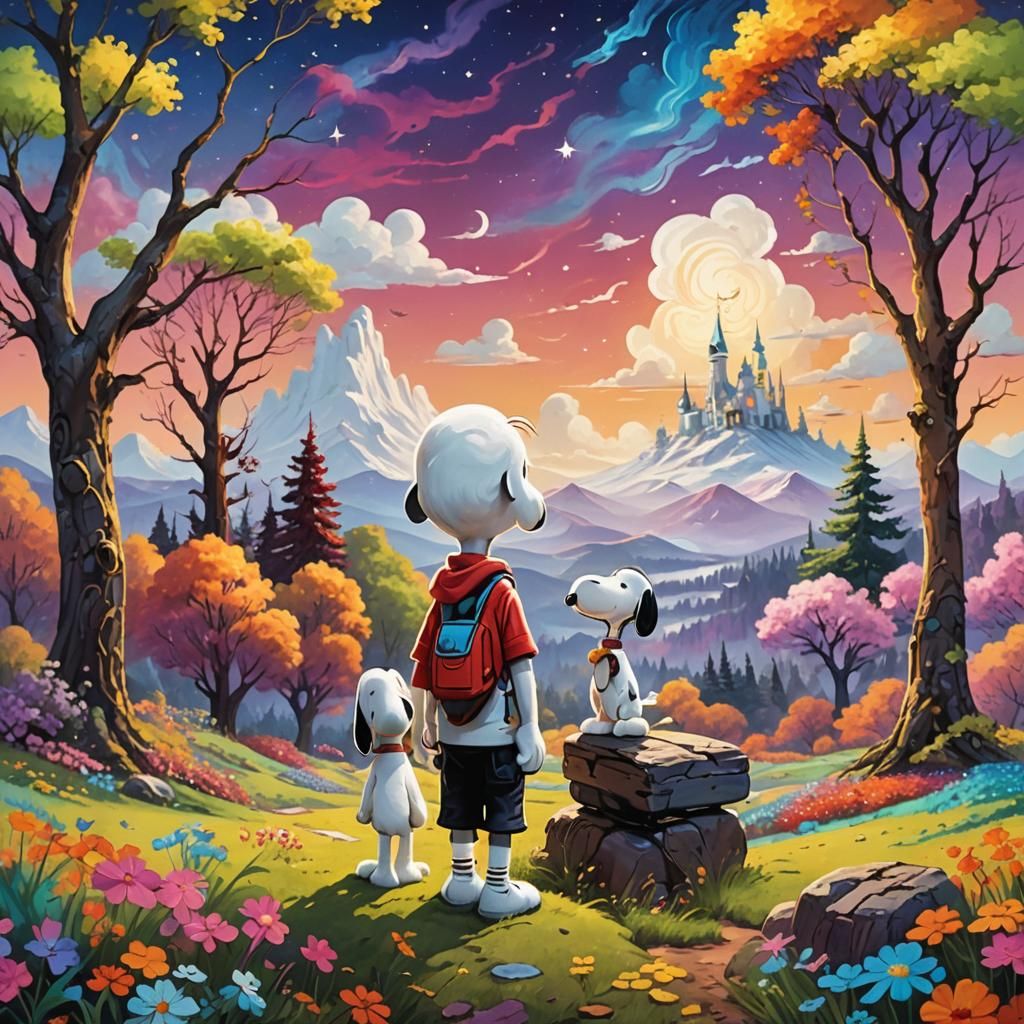 Snoopy and Friend Embrace in Dreamlike Landscape