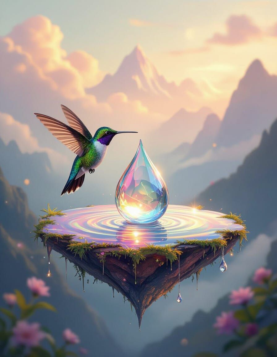 Hummingbird Near Dewdrop on Floating Island