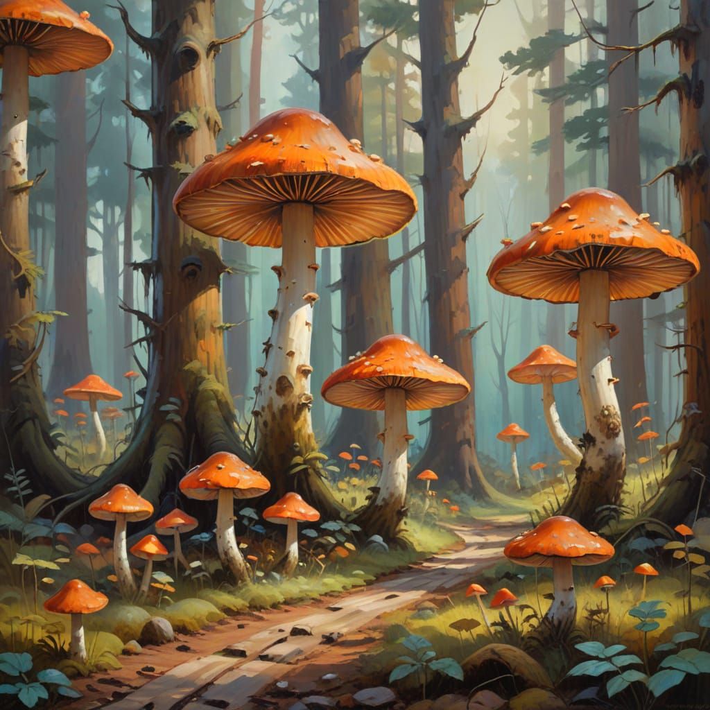 Mushroom Grove in Fauvist Oil Painting Style