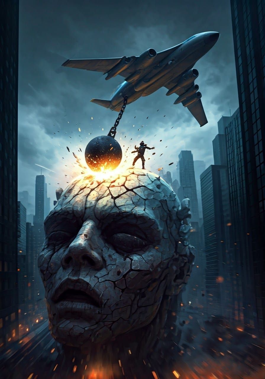 Wrecking Ball Smashing Giant Mech Face in City