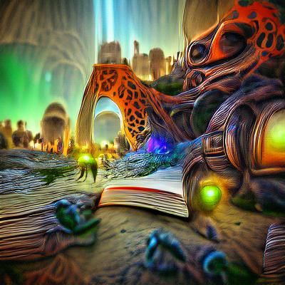 Worlds Evolving from Book Pages in Art Deco Style