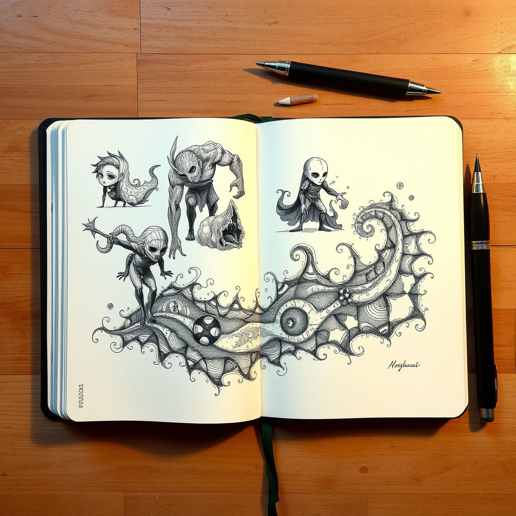 Fantasy Horror Novel Illustrations in Ink Sketchbook