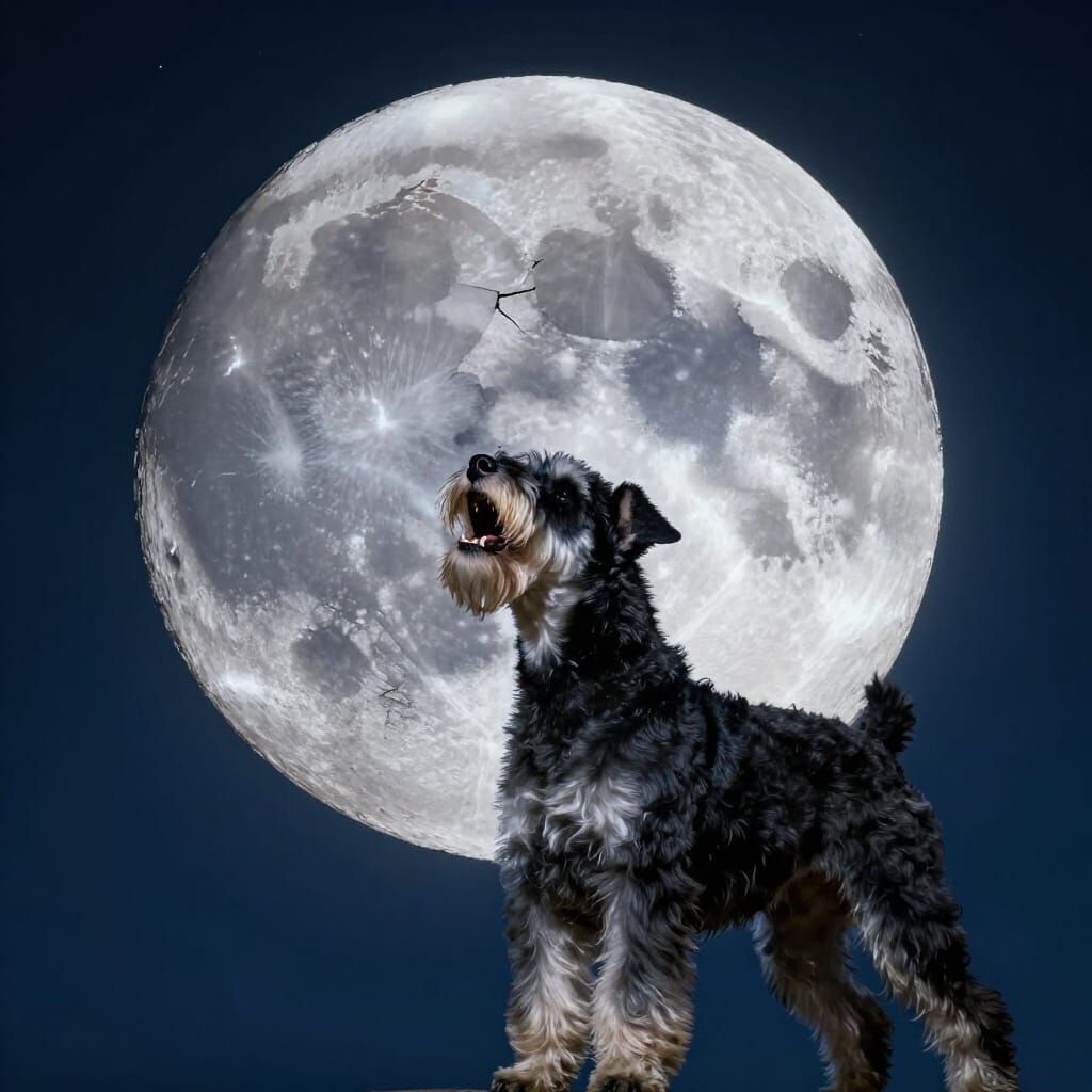Giant Schnauzer Howls at Fractured Moon in Concept Art Style