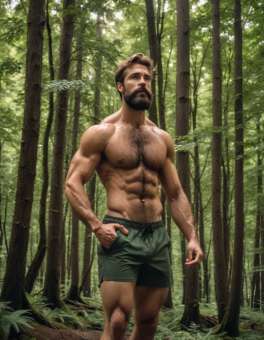Muscular Bearded Man Flexing in Forest