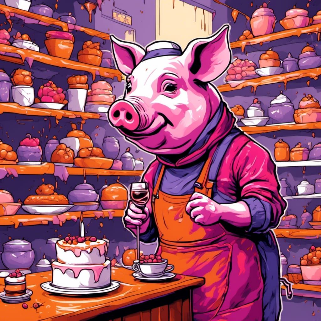Pig in Skiwear in Cake Shop Illustration