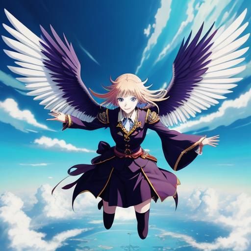 Anime Girl with Wings Flying in the Air