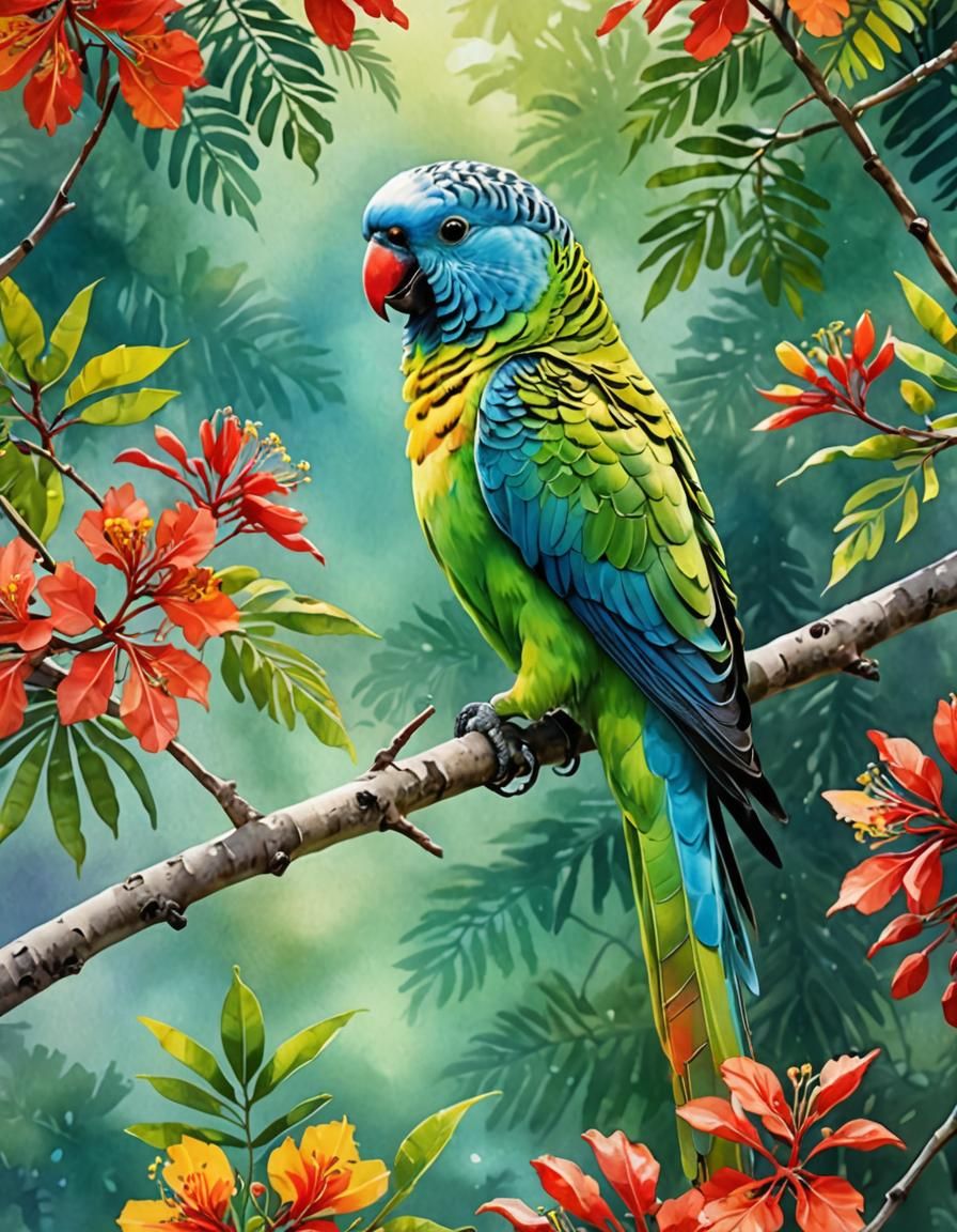 Colorful Parakeet on Royal Poinciana Branch: 3D Art