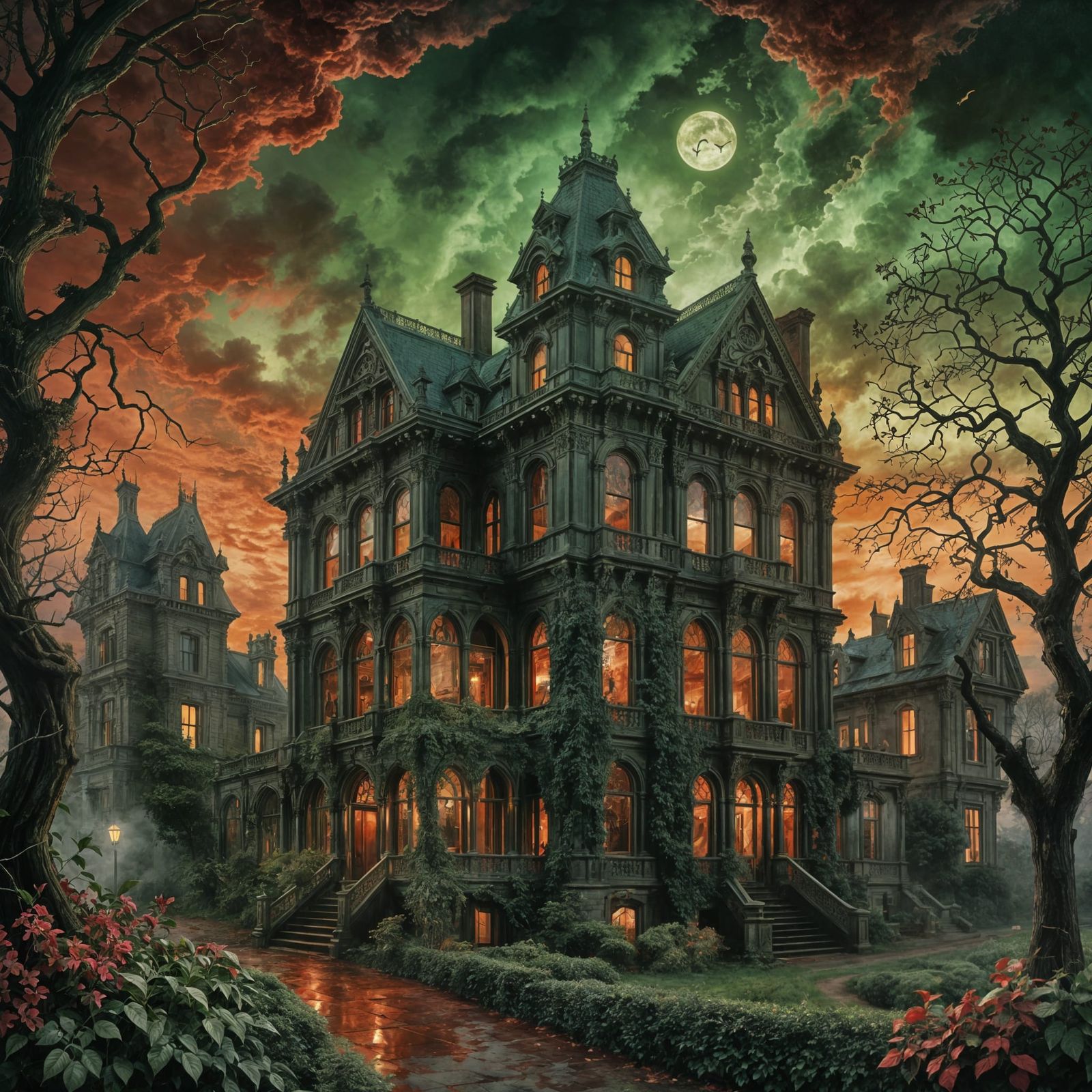 Haunted Victorian Mansion in Pre-Raphaelite Style