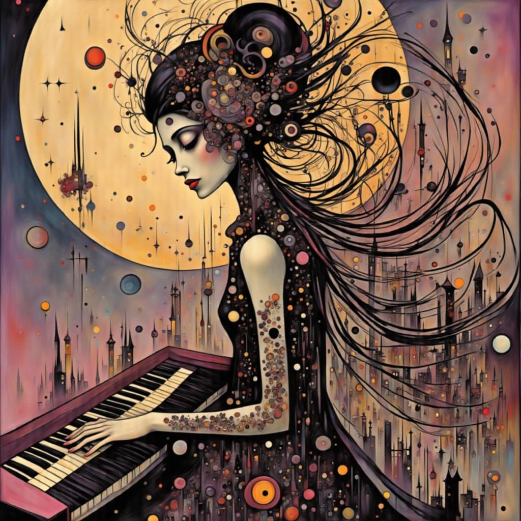 <lora:Inked Sky:1.0> EXQUISITELY BEAUTIFUL PIANO PLAYING ECSTATIC PIXIE alcohol ink painting of a BEAUTIFUL LADY playing...
