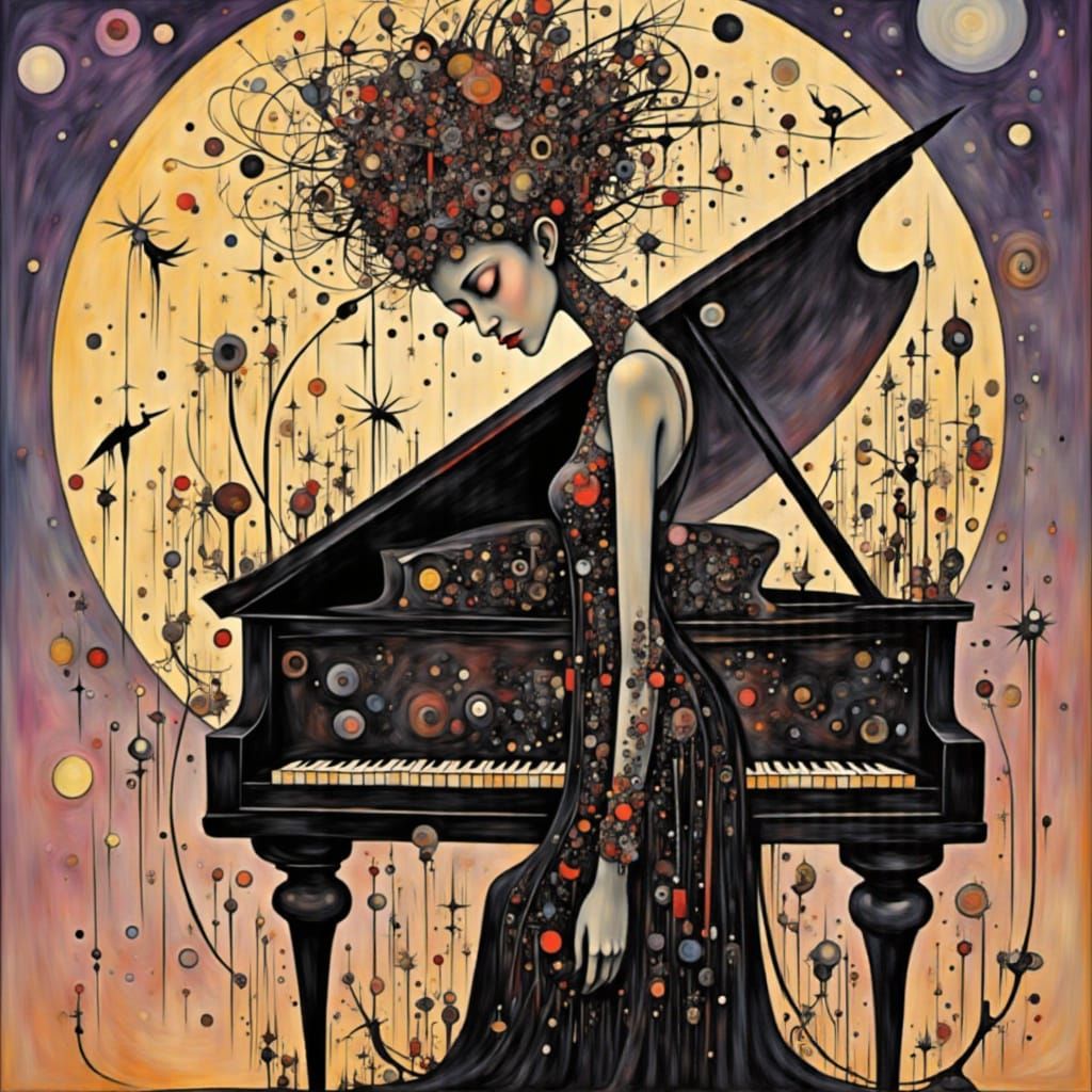 <lora:Inked Sky:1.0> EXQUISITELY BEAUTIFUL PIANO PLAYING ECSTATIC PIXIE alcohol ink painting of a BEAUTIFUL LADY playing...