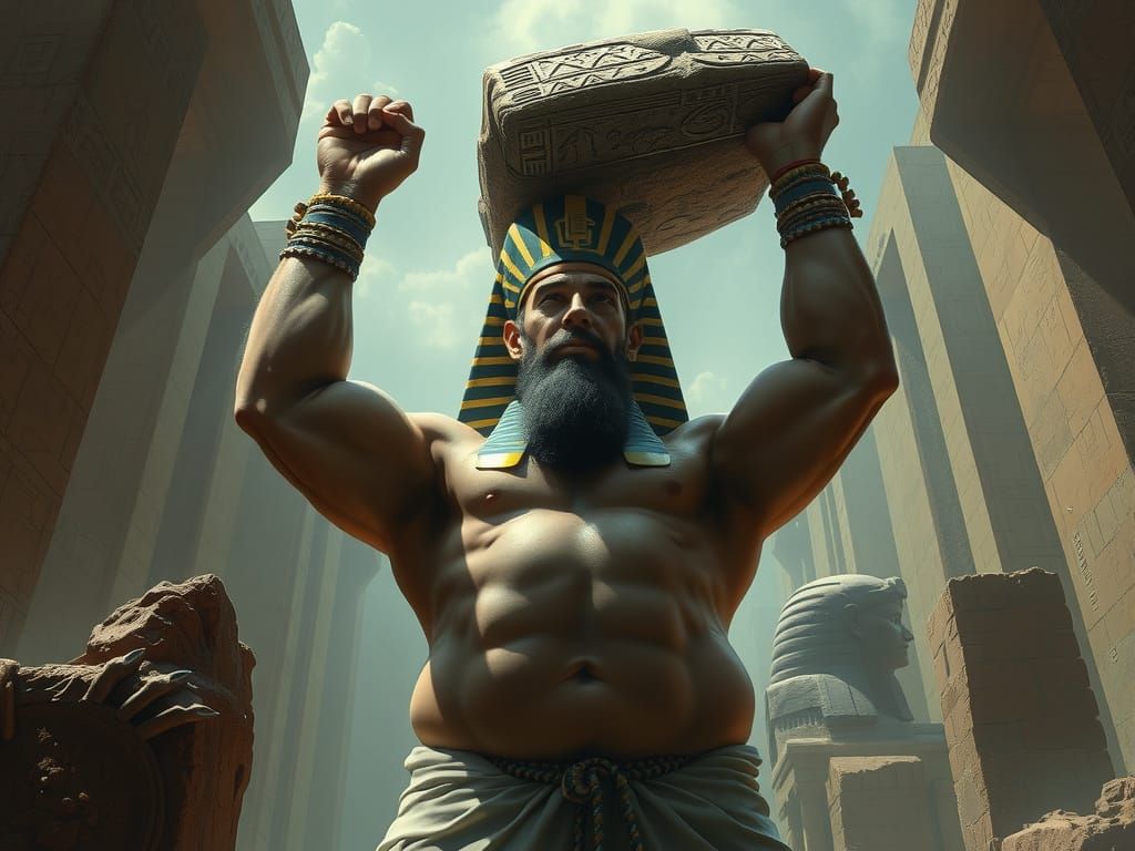 Egyptian Giant Lifts Limestone Block in Dramatic Scene