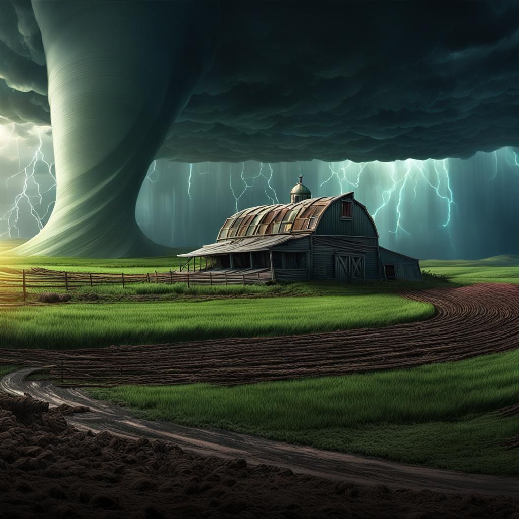 Spiraling Tornado Destroys Farm: Fantasy Art Masterpiece