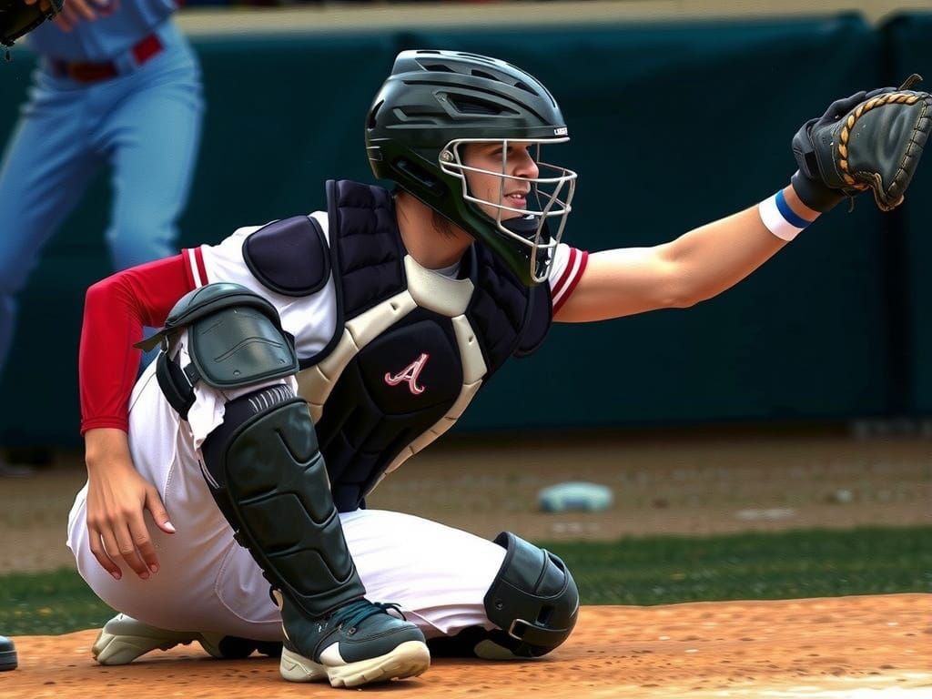 Baseball catcher squatting behind home plate