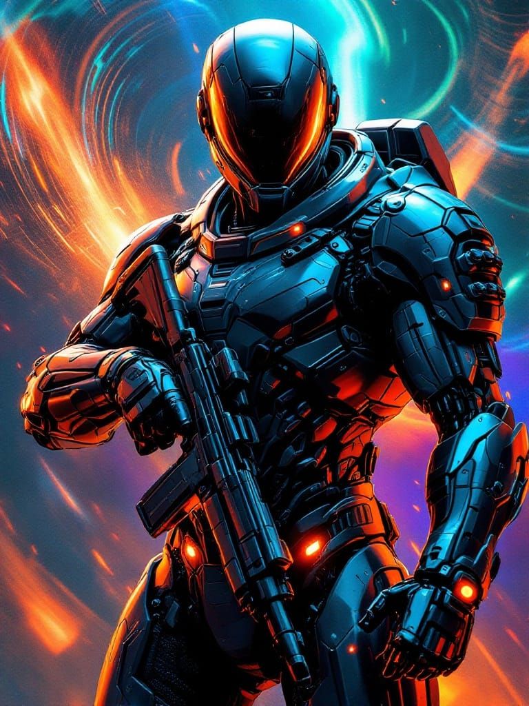 Futuristic Soldier in High-Tech Power Armor, Set Against Abs...
