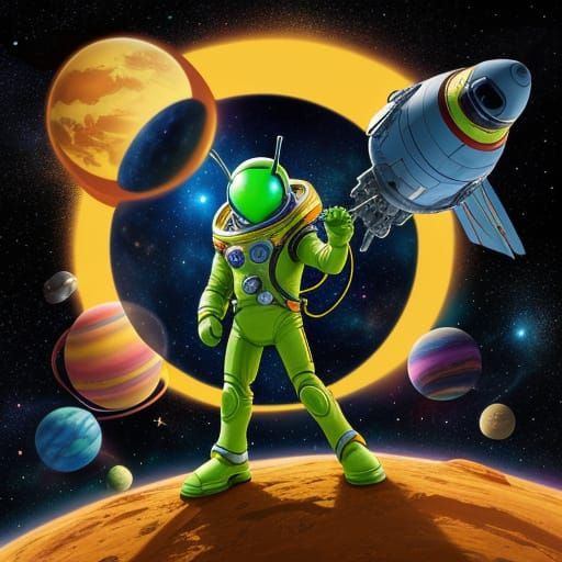 Alien Astronaut on Colorful Planet in 2D Cartoon Style