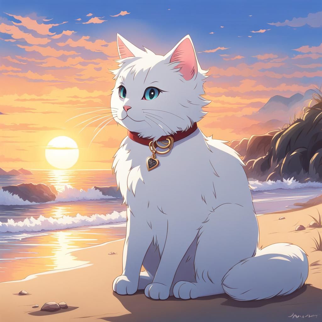 Cat with Heart Marking at Sunrise, in Anime Style
