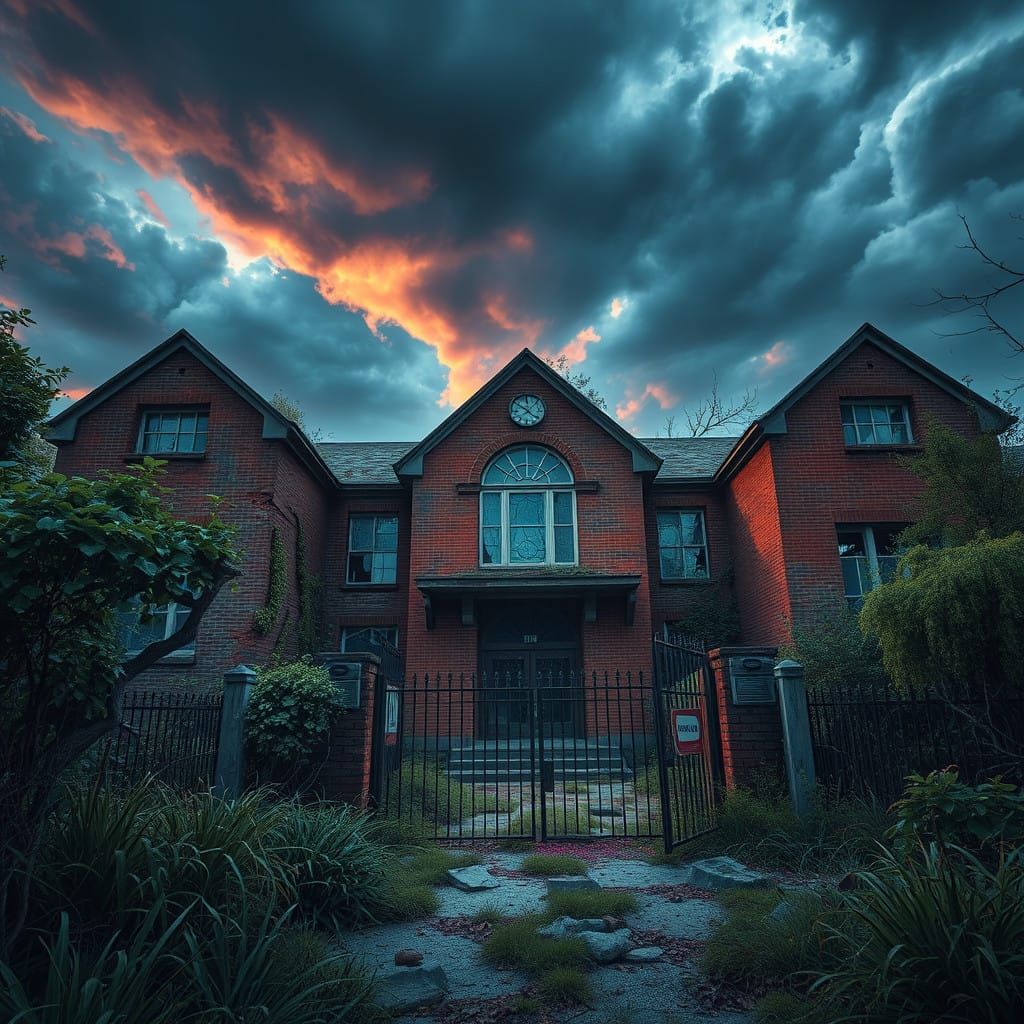 Abandoned School in a Foreboding Stormy Landscape