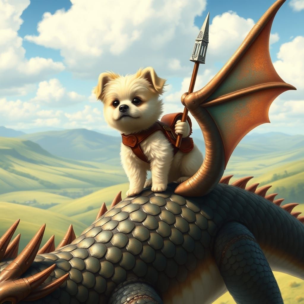 Whimsical Fantasy Dog Rides Dragon in Miyazaki-Inspired Land...