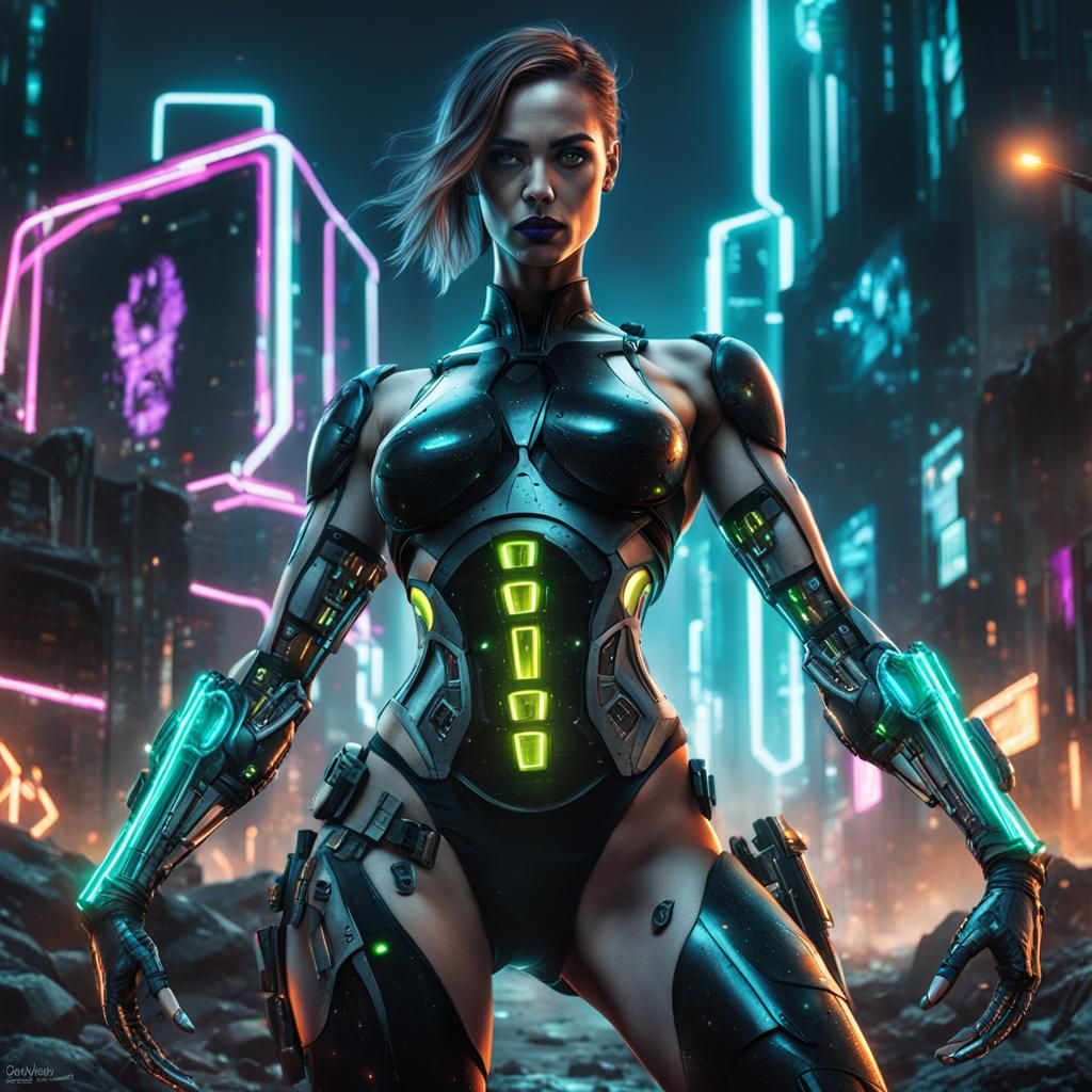 Hourglass Cyborg-Woman in Dystopian Graveyard