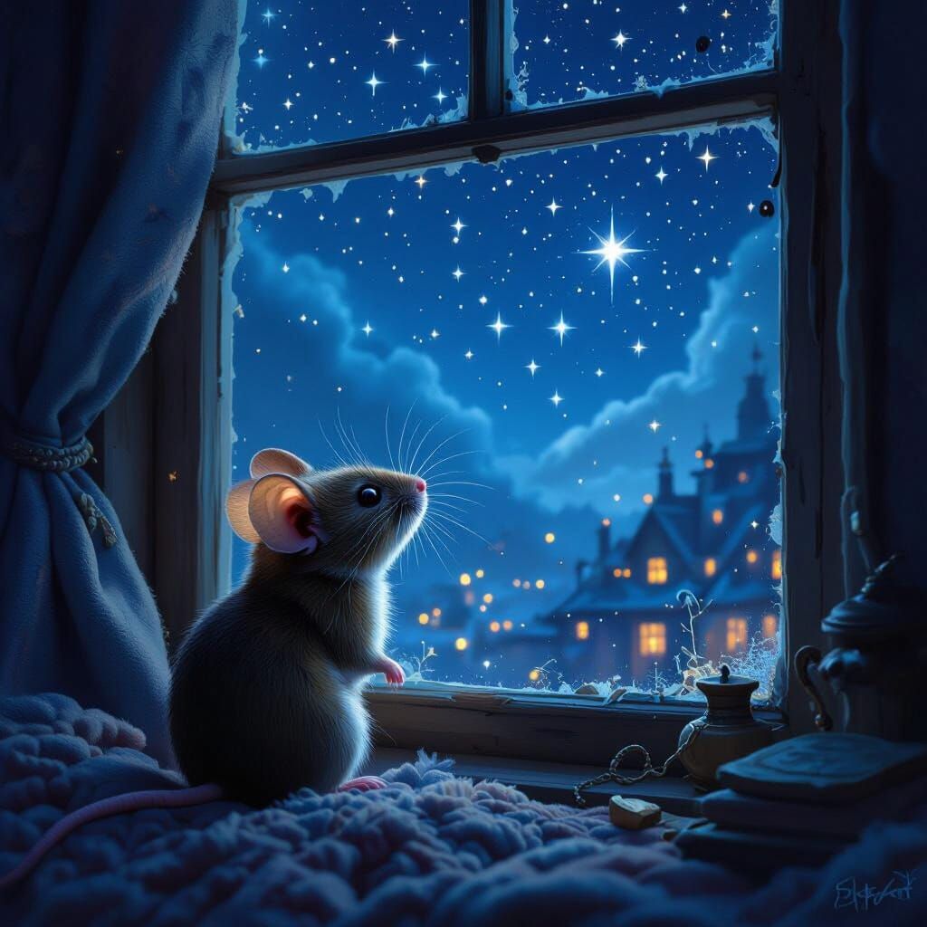 Mouse Gazing at Stars in Cozy Room