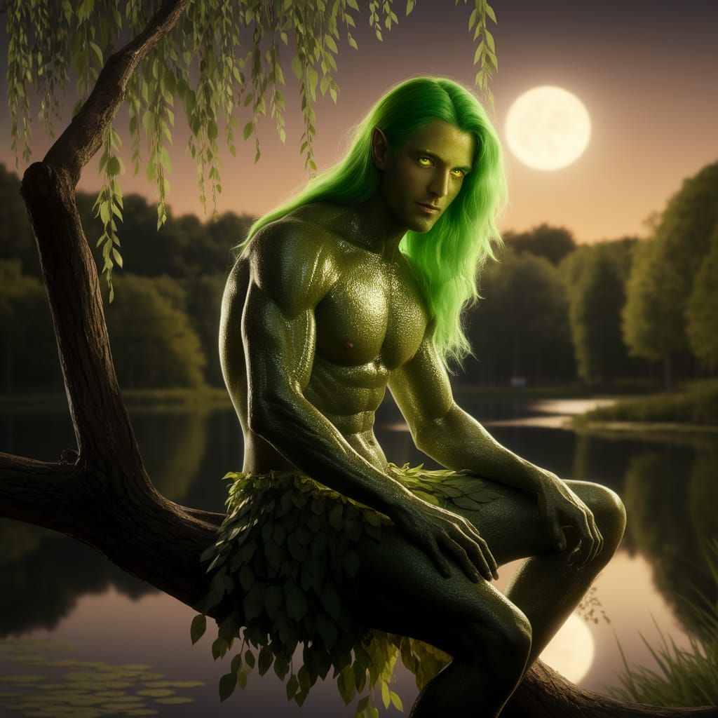 Ethereal Green Man Sits Serenely on Willow Tree Lake