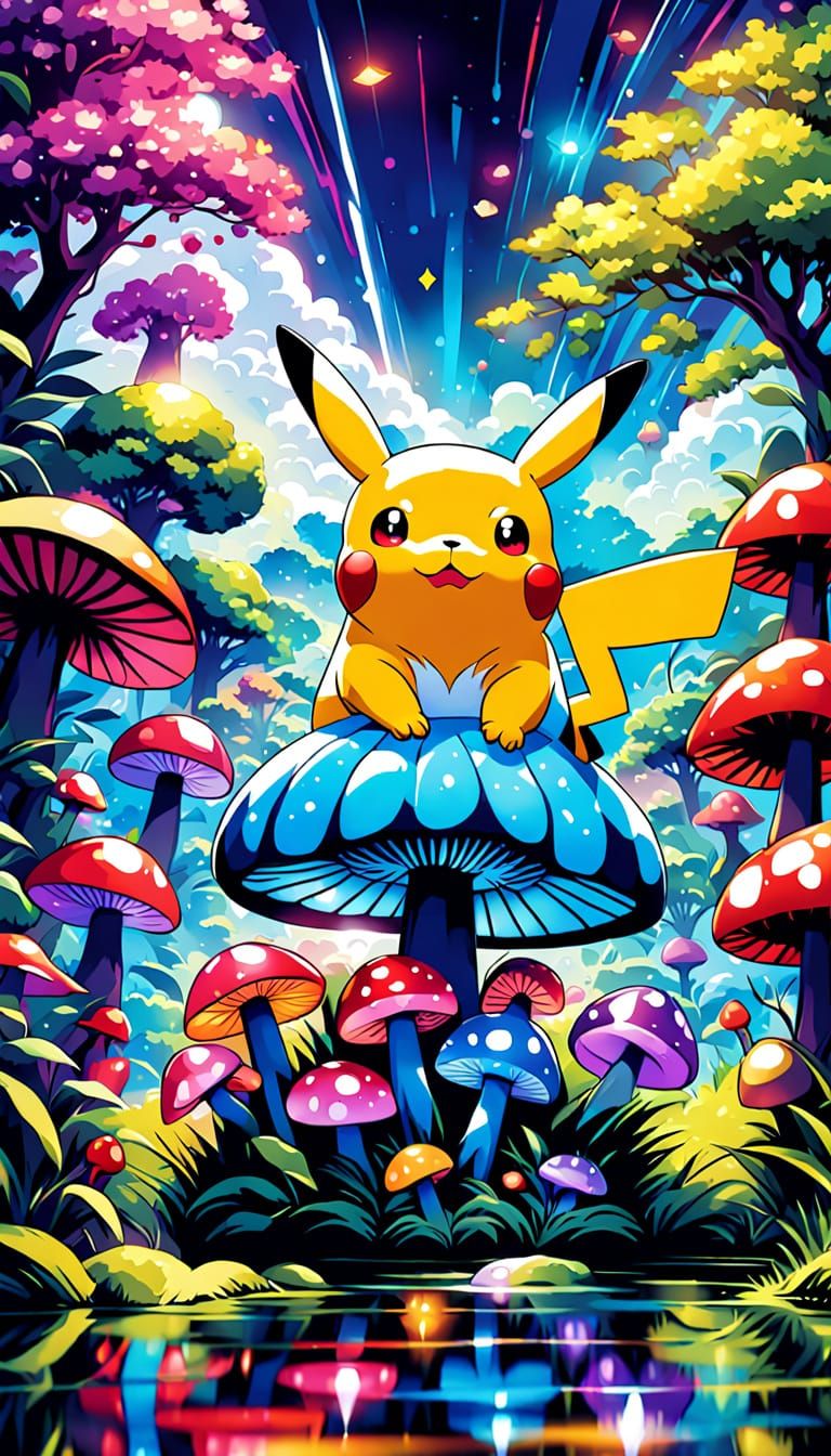 Pikachu in Whimsical Garden with Mushroom Art