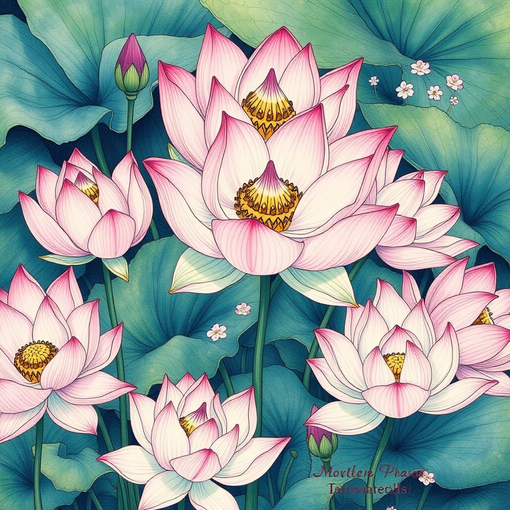 Lotus Blooms in Dreamlike Manga Art Nouveau