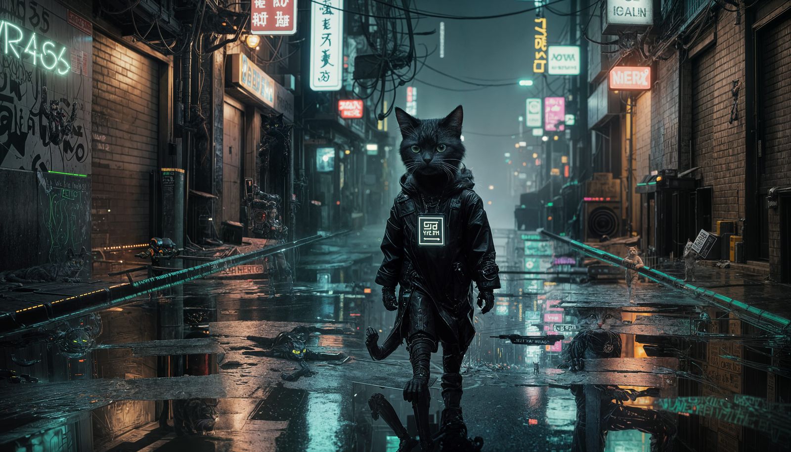 Cyberpunk Cat in City Alley: Neo Noir Style