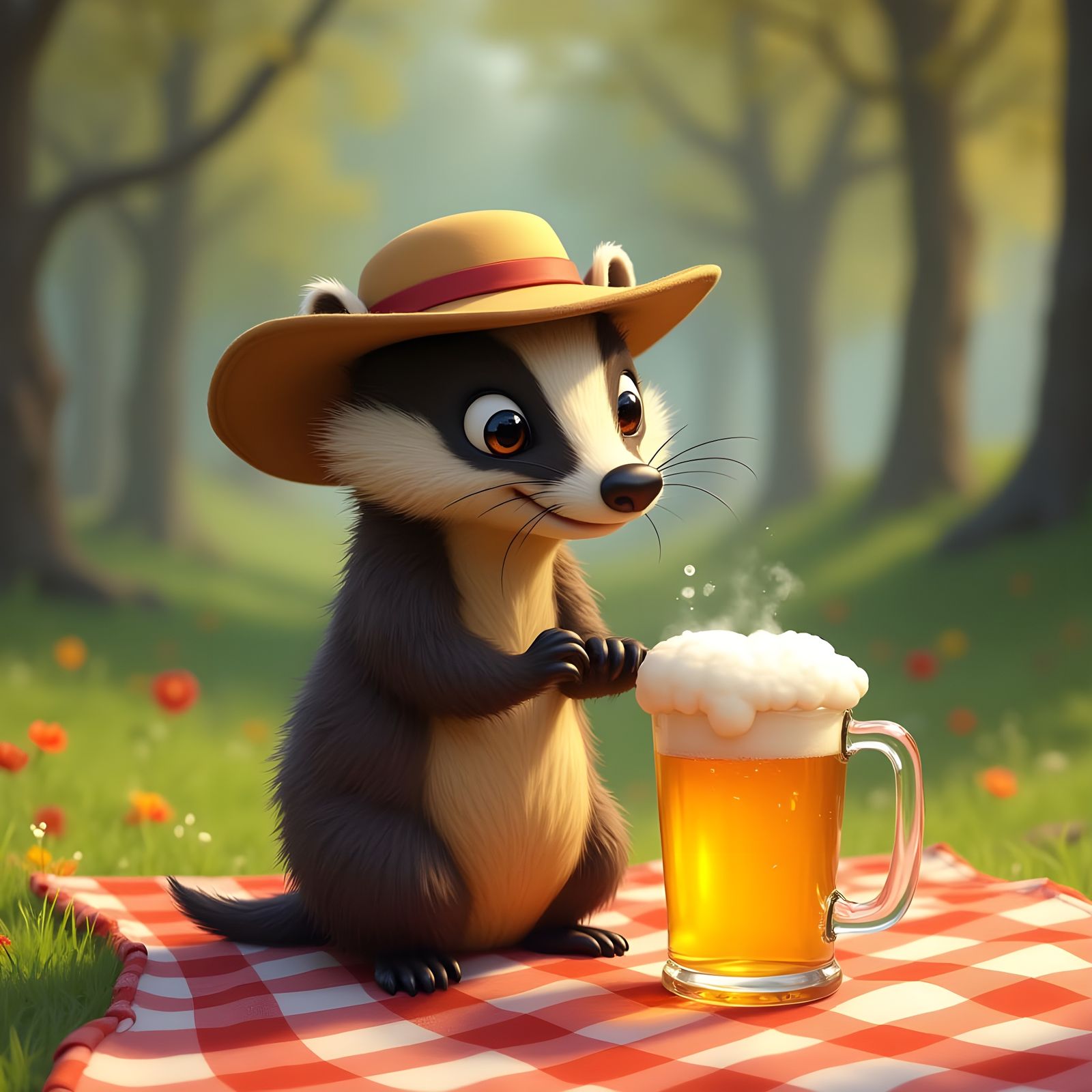Badger with Beer in Sunny Park: Pixar Style
