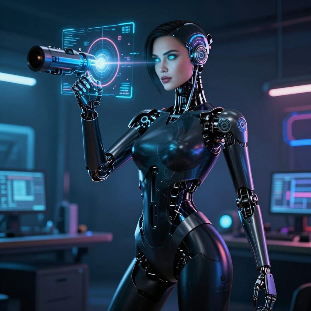 A sleek, obsidian robot with glowing cybernetic eyes meticulously calibrates a complex holographic aiming reticle for do...