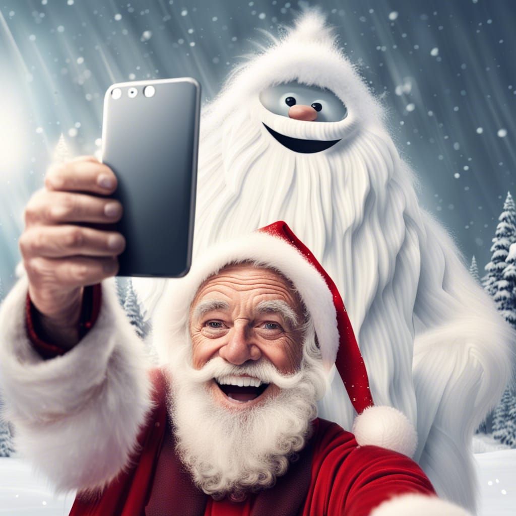 Santa and Yeti Selfie in Winter Snowstorm