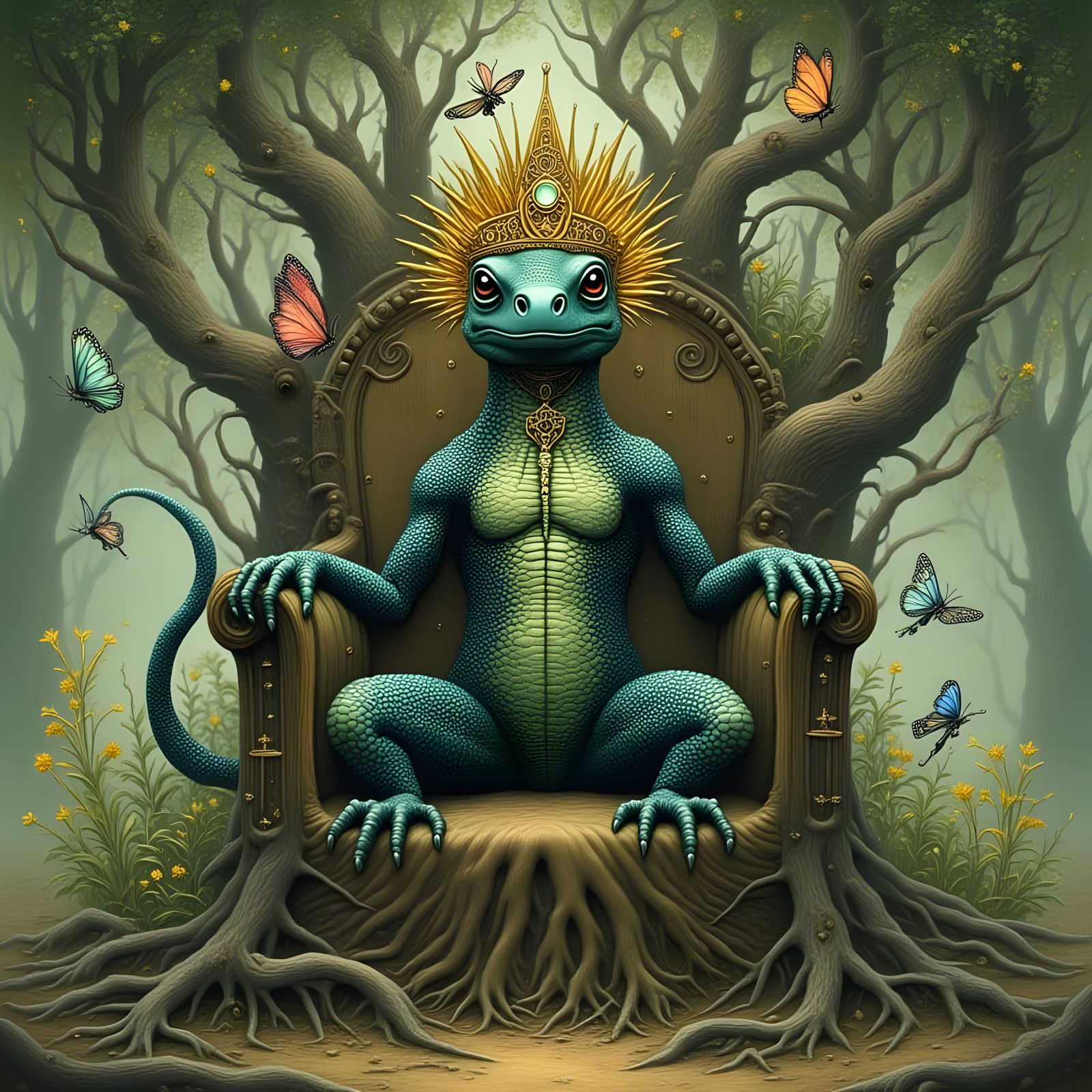 Cyberpunk Lizard King in Neon-Lit Cityscape