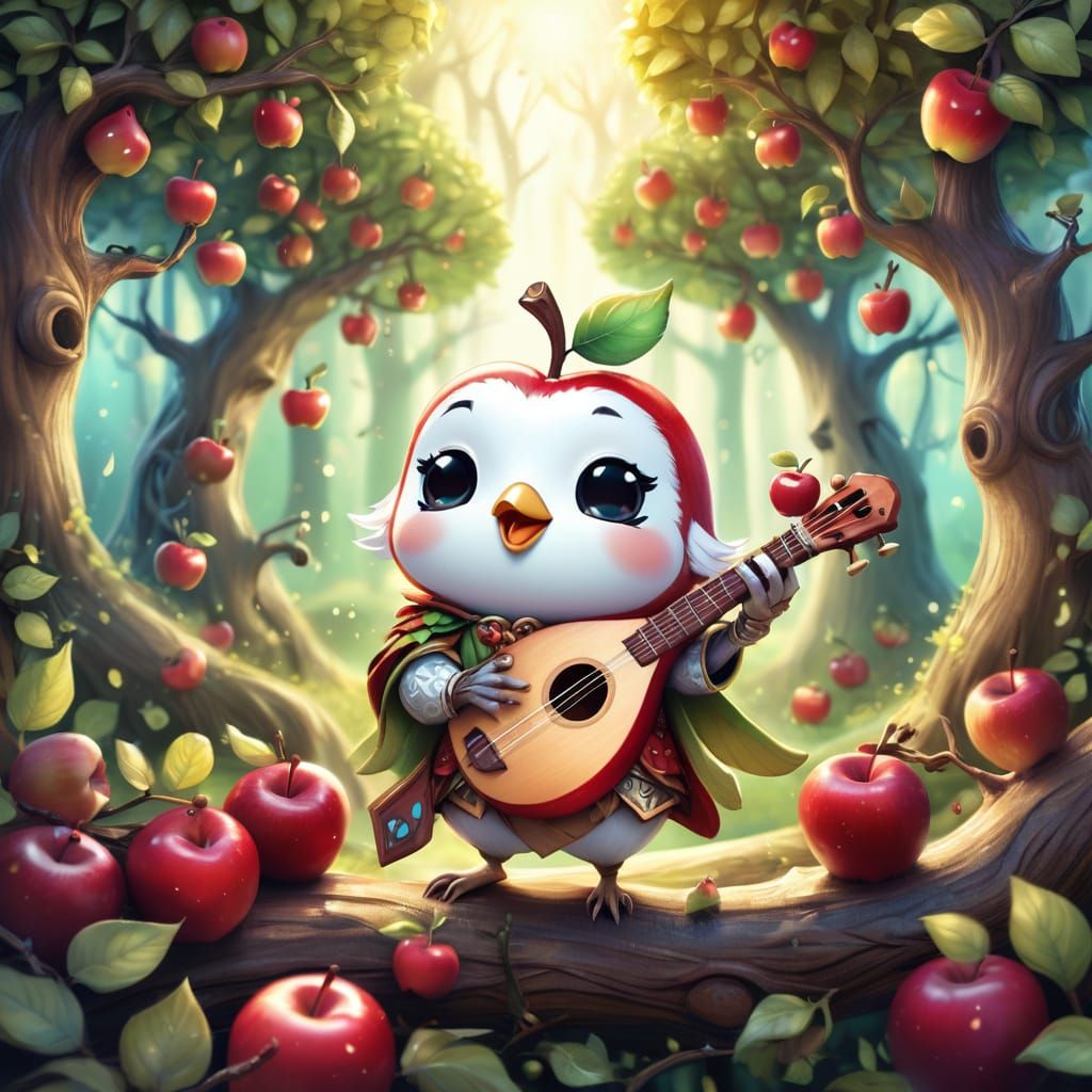 Whimsical Chibi Apple Bard in Enchanted Forest